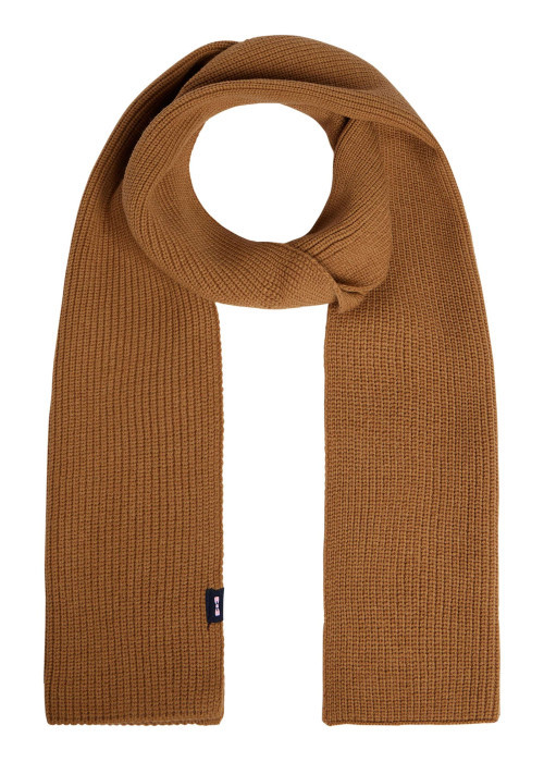 Echarpe beige en maille tricotée ornée du patch de la marque