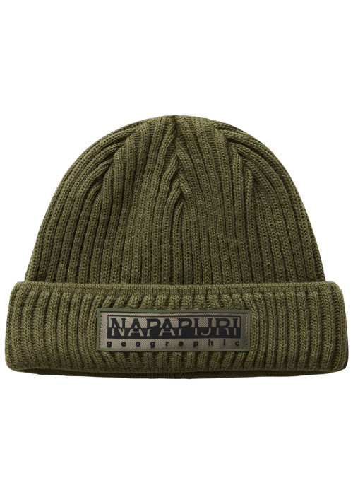 Bonnet kaki en maille tricotée avec nom de la marque brodé en noir