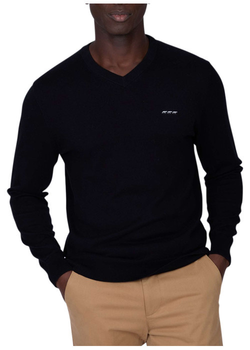 Pull en coton noir uni avec une coupe droite à col v et logo iconique