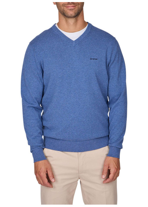 Pull en coton indigo uni avec une coupe droite à col v et logo iconique