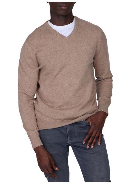 Pull en coton beige uni avec logo iconique et une coupe droite à col v