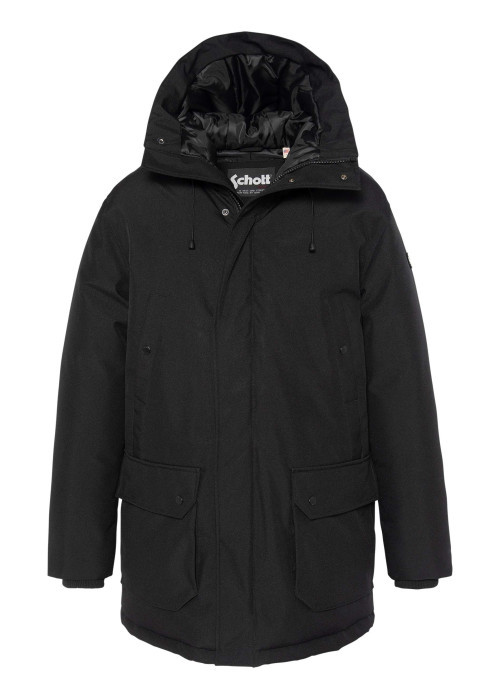 Parka longue noire unie à coupe droite avec un col à capuche et 4 poches