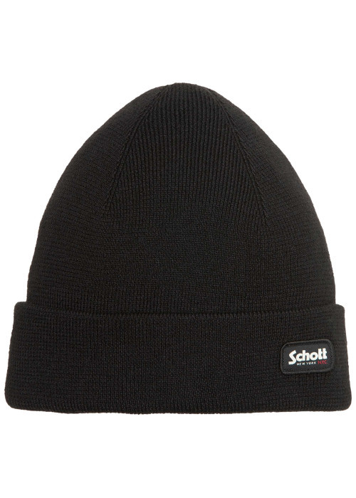Bonnet noir uni en maille fine avec un patch brodé sur le revers
