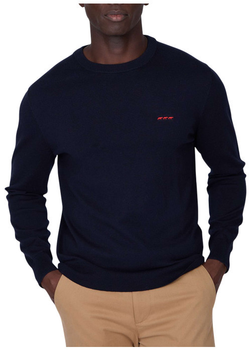 Pull en coton marine uni pourvu d'un col rond et de manches longues