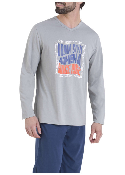 Pyjama en coton bleu marine et gris pourvu de manches longues