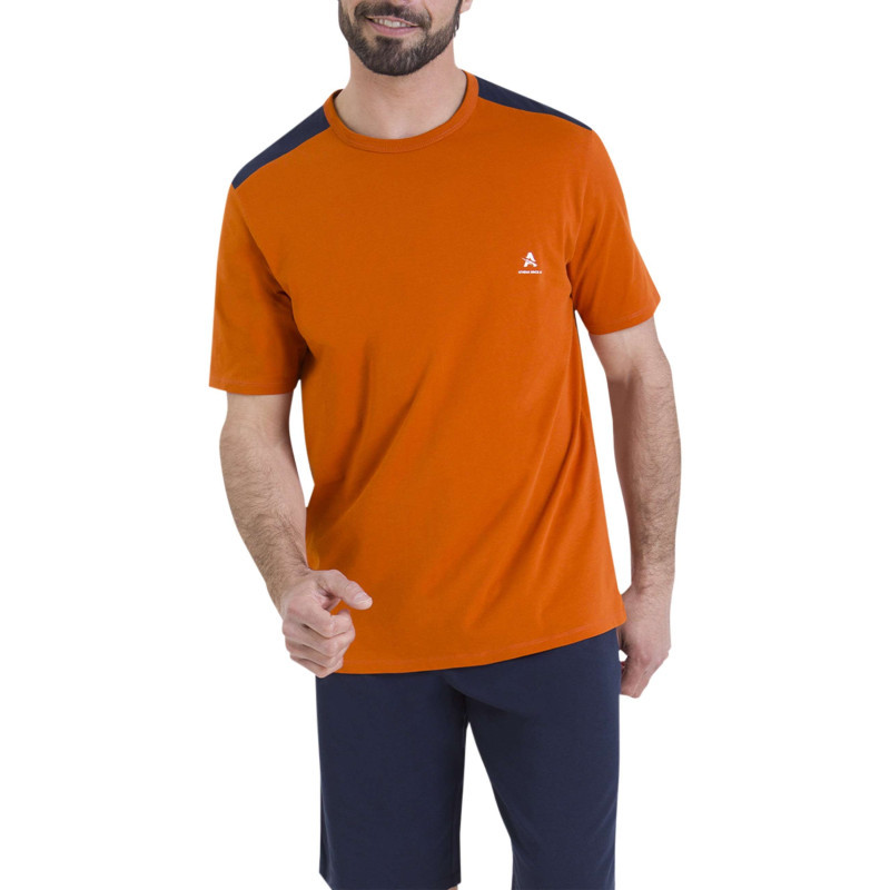 Athéna - Pyjama Short En Coton Bleu Marine Et Orange Pourvu De Manches Courtes - Bleu Marine Et Orange