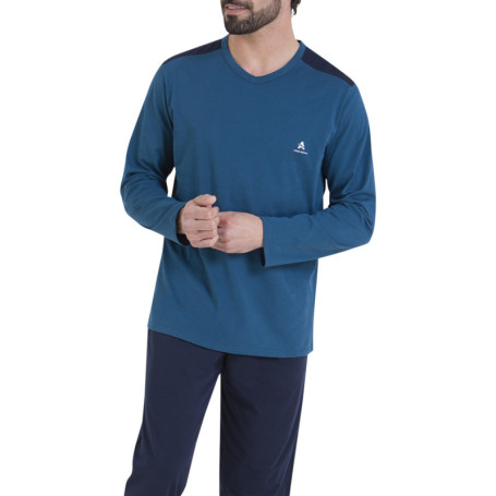 Pyjama en coton bleu uni pourvu d'un col v et...
