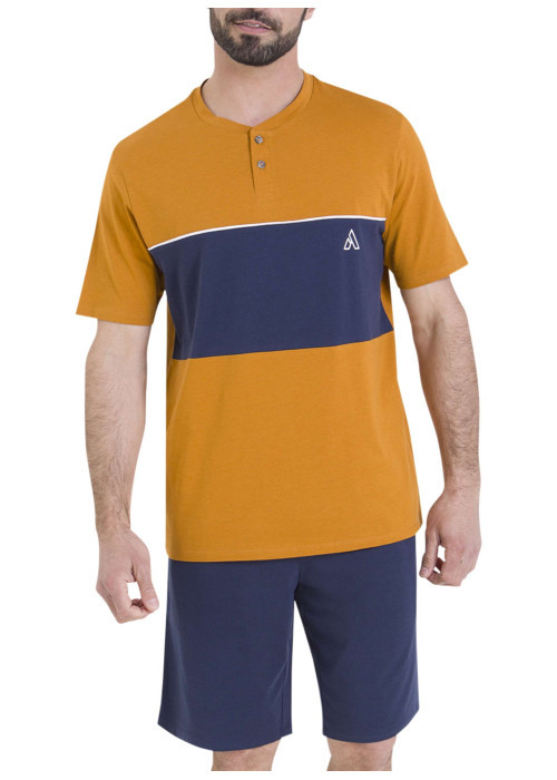 Pyjama en coton bleu marine et jaune pourvu de manches courtes