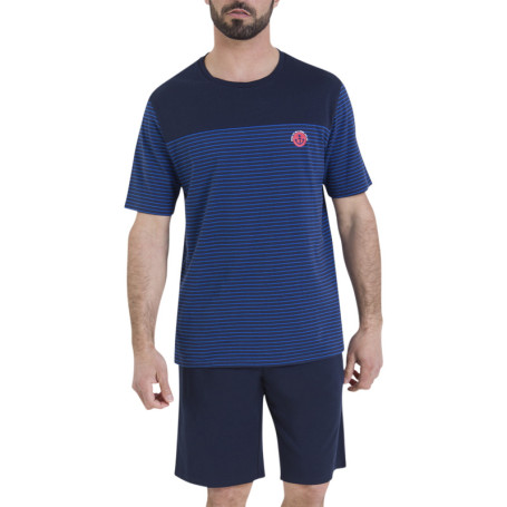 Pyjama short en coton bleu rayé pourvu d'un col...