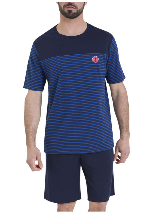 Pyjama short en coton bleu rayé pourvu d'un col rond et de manches courtes