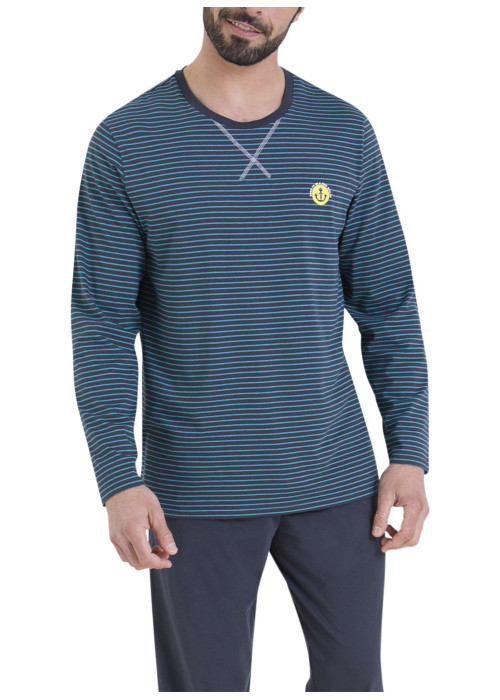 Pyjama en coton bleu rayé pourvu d'un col rond et de manches longues