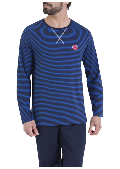 Pyjama en coton bleu marine rayé pourvu d'un col rond et de manches longues