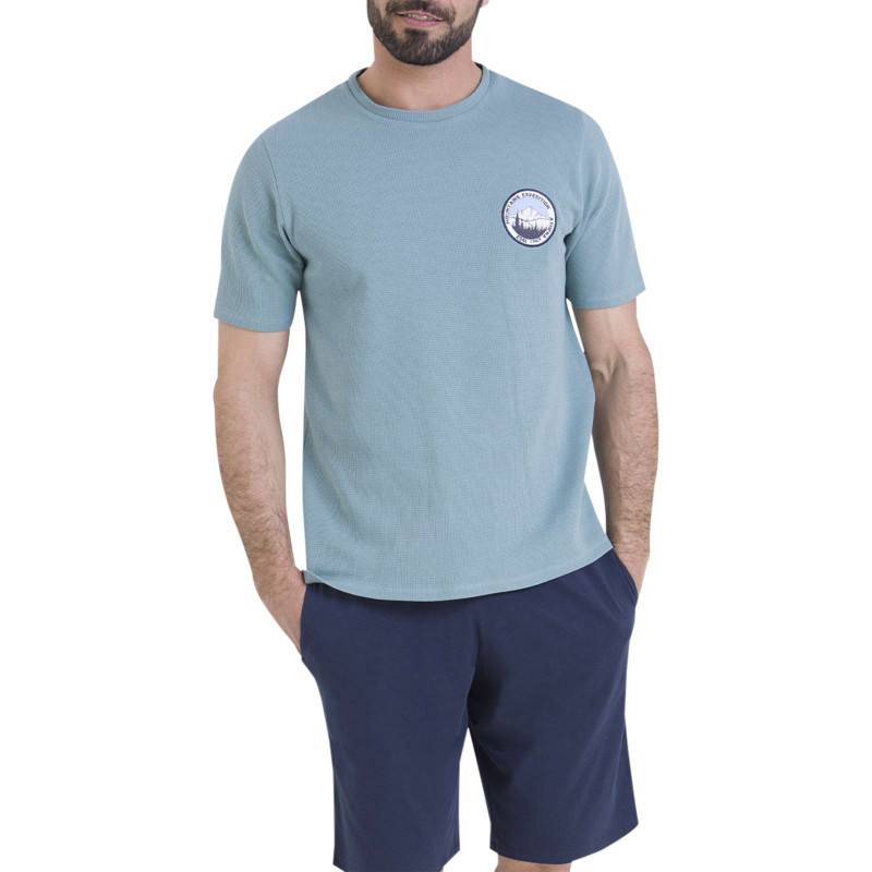Athéna - Pyjama En Coton Marine Et Bleu Clair Pourvu D'un Col Rond Et De Manches Courtes - Marine Et Bleu Clair Athéna - Pyjama En Coton Marine Et Bleu Clair Pourvu D'un Col Rond Et De Manches Courtes - Marine Et Bleu Clair
