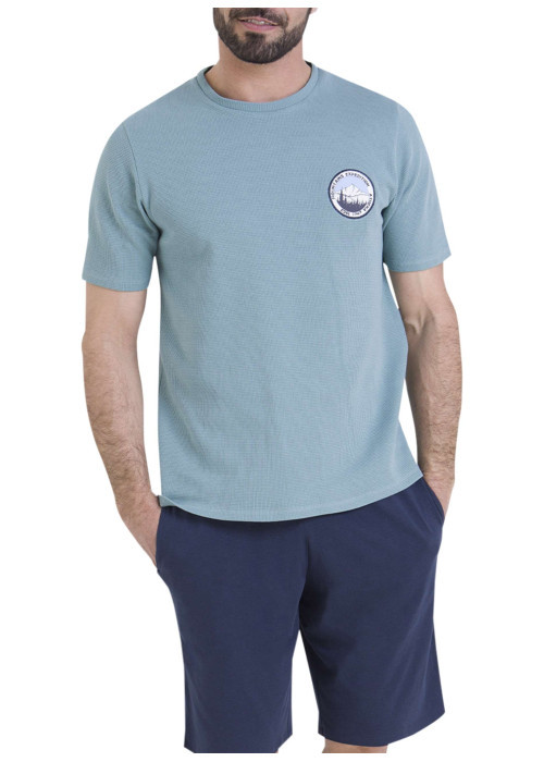 Pyjama en coton marine et bleu clair pourvu d'un col rond et de manches courtes