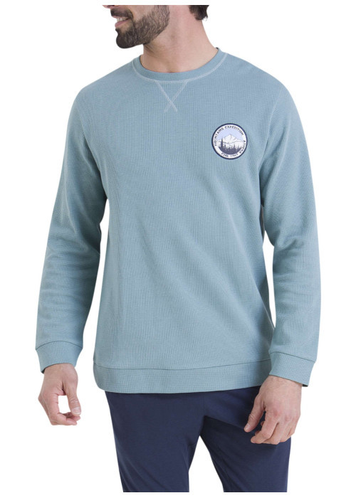 Pyjama en coton marine et bleu clair pourvu d'un col rond et de manches longues
