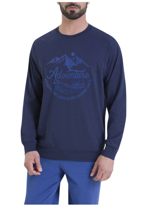 Pyjama en coton bleu imprimé à l'avant et pourvu d'un col rond