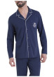 Thumbnail Pyjama chemise en coton marine pourvu d'un col tailleur et de manches longues