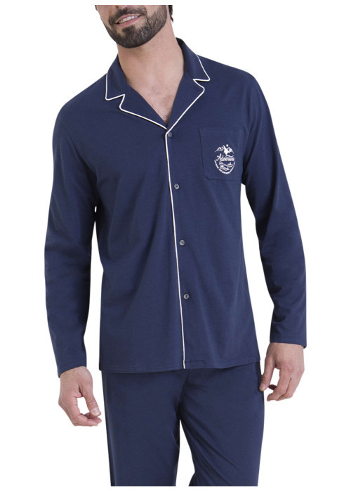 Pyjama chemise en coton marine pourvu d'un col tailleur et de manches longues