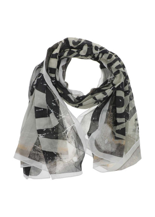 Foulard en coton blanc transparent avec des imprimés noirs et rouges