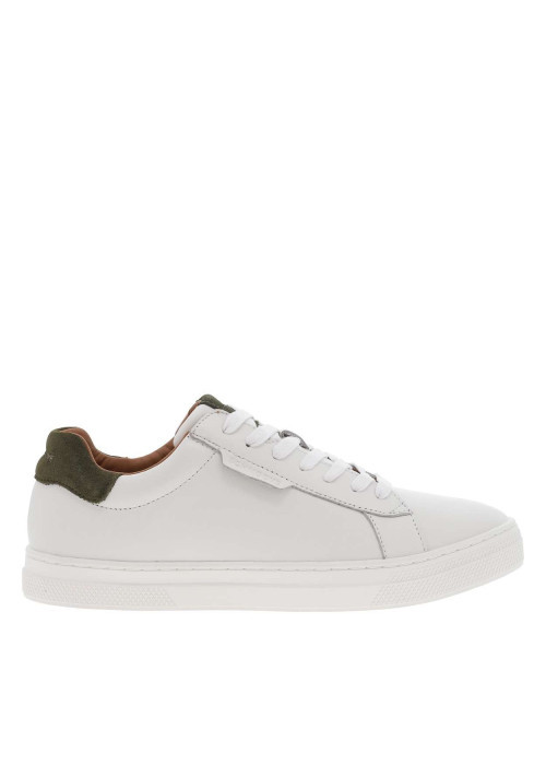 Baskets en cuir blanches avec un empiècement en daim kaki au talon