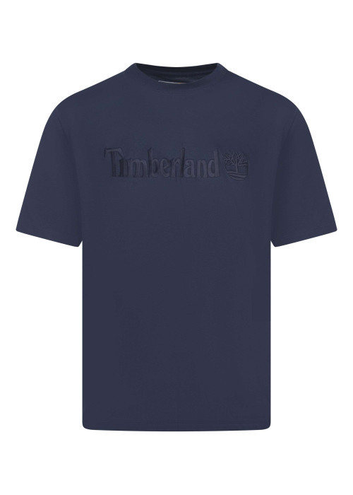 T-shirt en coton bleu marine uni à col rond avec le nom de la marque brodé