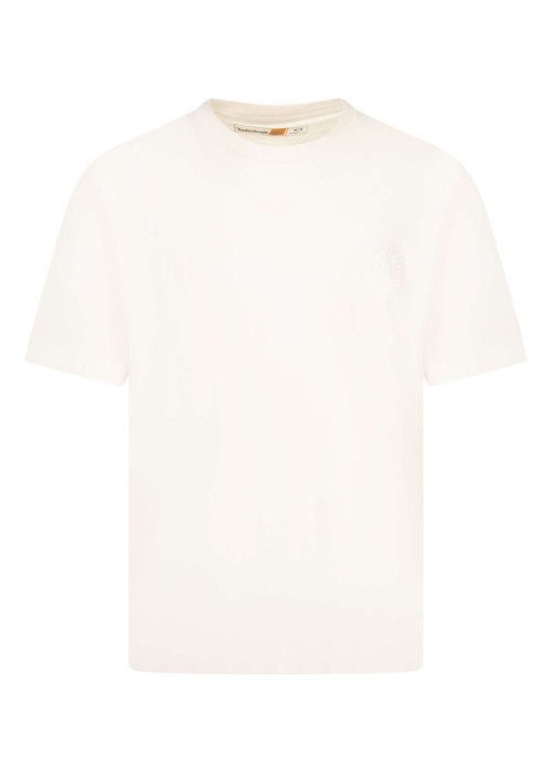 T-shirt en coton écru uni à col rond avec le nom de la marque brodé