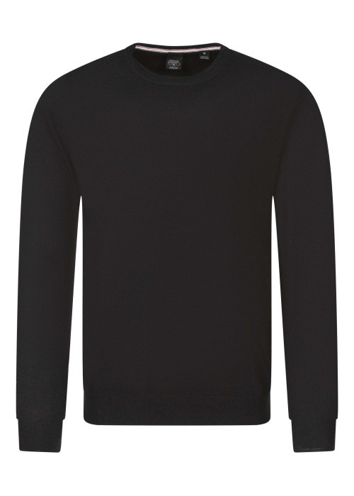 Pull noir uni avec une coupe droite, un col rond et des manches longues