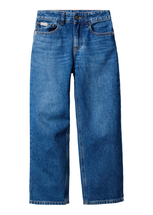 Jean en coton bleu uni coupe regular intermédiaire avec des surpiqûres camel