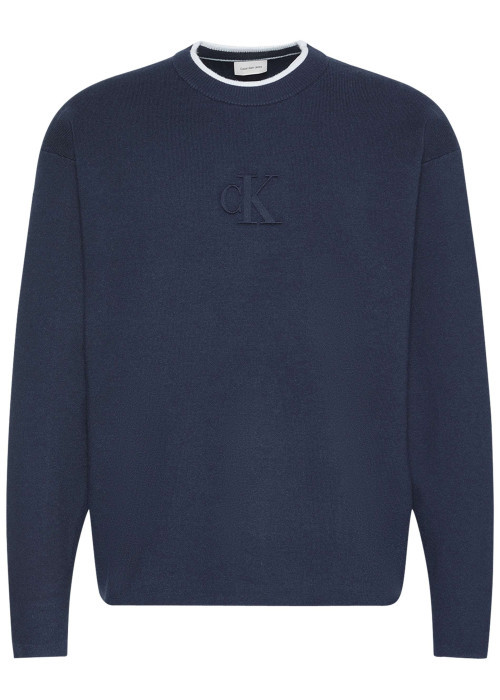 Pull marine uni coupe ajustée col rond avec des manches longues