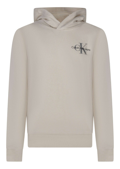 Sweat en coton beige uni avec un col à capuche et imprimé logo