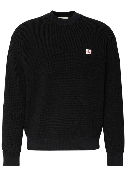 Pull en coton noir uni coupe ajustée col rond en maille gaufrée