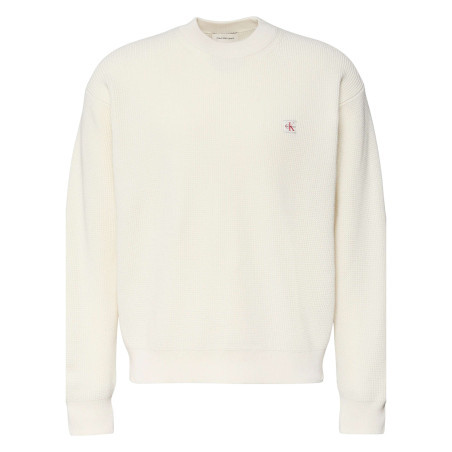 Pull en coton écru à maille effet gaufrée avec un col rond et coupe droite