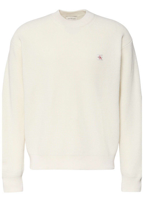 Pull en coton écru à maille effet gaufrée avec un col rond et coupe droite