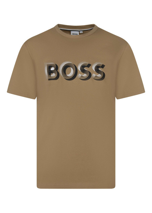 T-shirt en coton camel à imprimé avec une coupe droite et un col rond