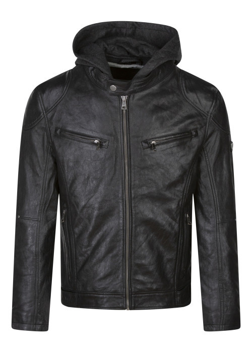 Blouson noir en cuir de mouton avec une coupe droite et un col à capuche
