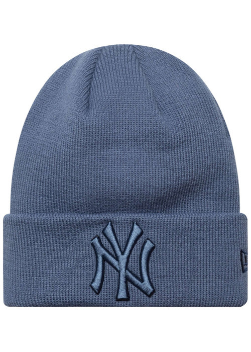 Bonnet bleu en maille tricotée pourvu du logo de la marque à l'avant