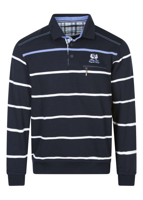 Sweat marine avec rayures blanches et bleues et un col polo avec boutons
