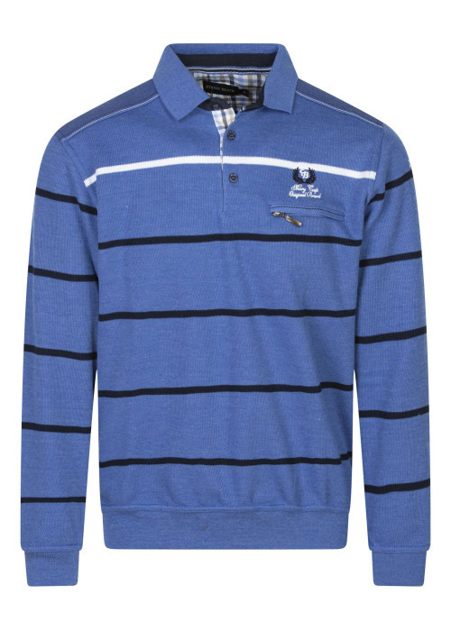 Sweat bleu à rayure avec une coupe droite et un col polo à boutons