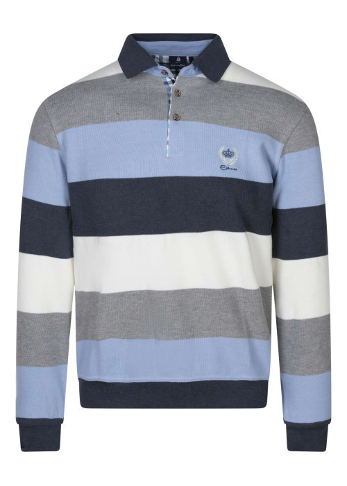 Sweat à rayures bleues, grises et blanches avec un col polo à boutons