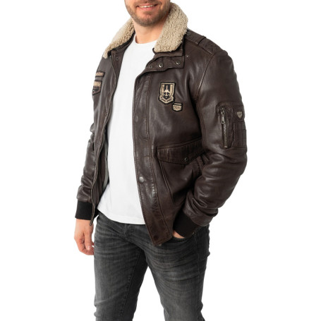 Blouson en cuir de mouton brun uni avec une...