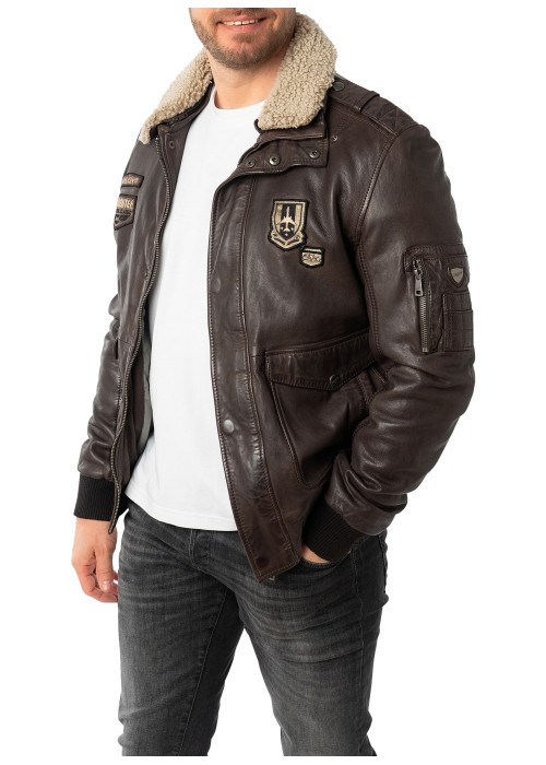 Blouson en cuir de mouton brun uni avec une coupe droite et un col à revers
