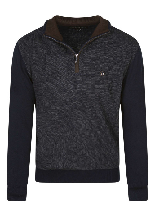 Pull bleu marine et gris à coupe droite avec un col camionneur