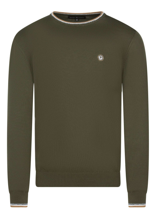 Pull en coton kaki uni coupe ajustée et un logo en relief sur la poitrine