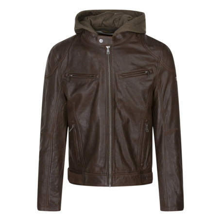 Blouson en cuir marron uni coupe ajustée col à...
