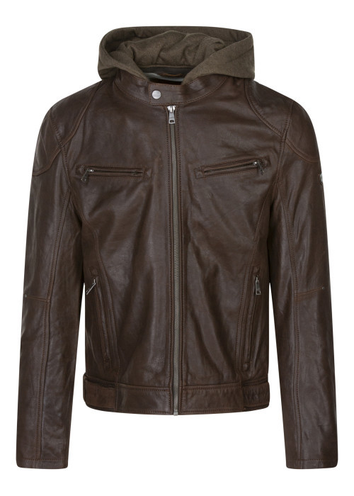 Blouson en cuir marron uni coupe ajustée col à...