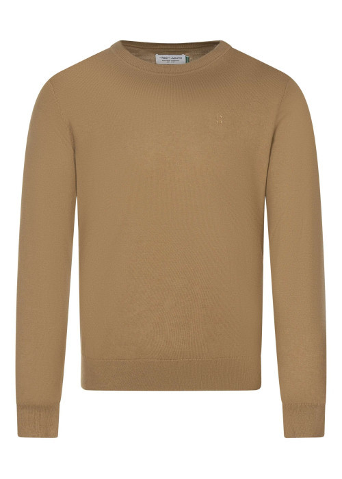 Pull en coton mélangé camel uni coupe regular fit avec un col rond