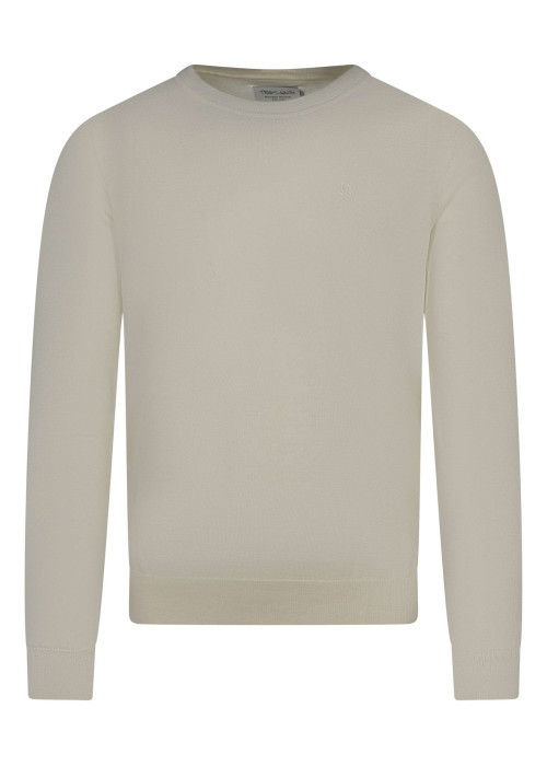 Pull en coton mélangé écru uni coupe regular fit avec un col rond