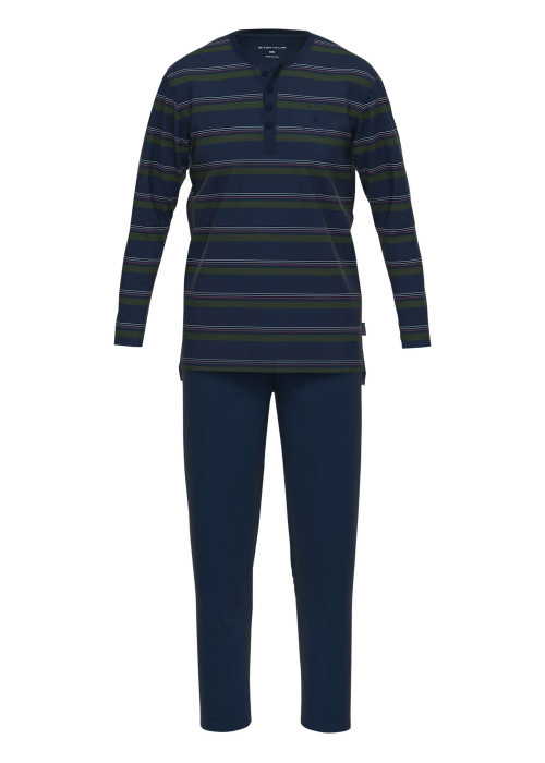 Pyjama long en coton marine rayé coupe droite avec un col tunisien