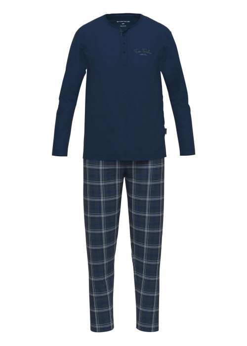 Pyjama long en coton marine coupe droite et col tunisien à fermeture boutonnée