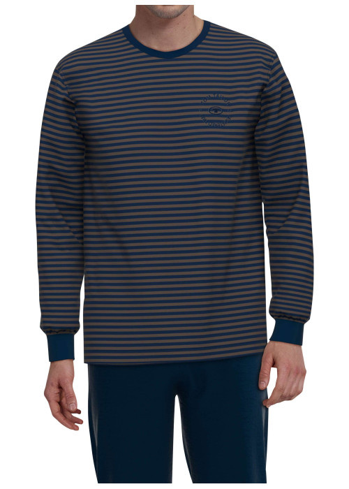 Pyjama long en coton marine rayé coupe ajustée avec un col rond